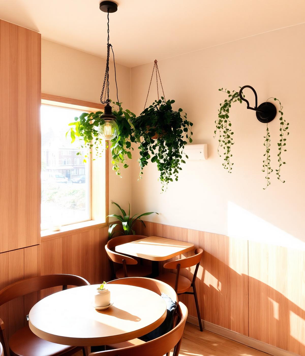 Warm modern cafe interior with plants